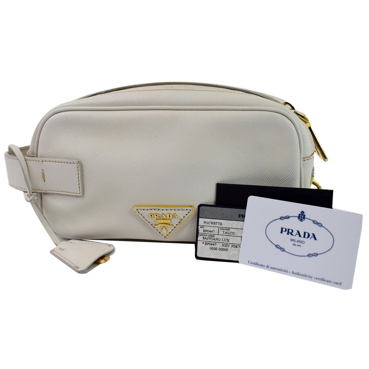 PRADA Lux Pochette Cammeo Saffiano Leather Pouch Bag Talco - Last Call
