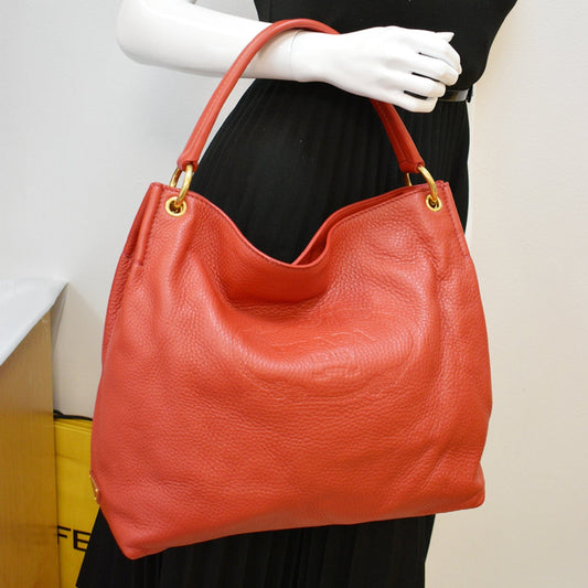 PRADA Vitello Phenix Leather Embossed Logo Hobo Bag Red