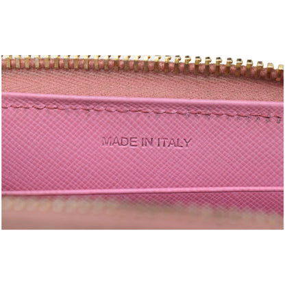 PRADA Striped Perforated Saffiano Leather Zip Around Wallet Pink/Yellow