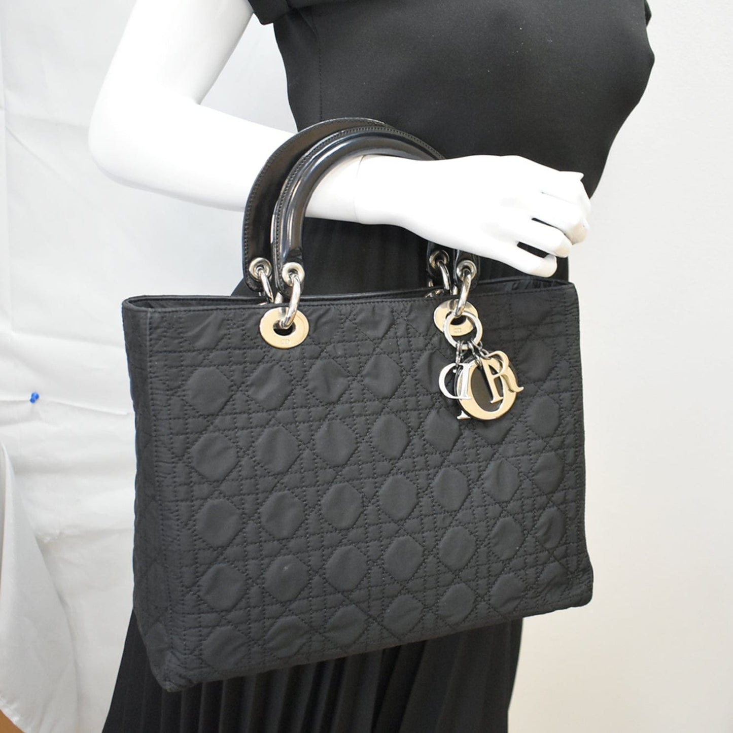 CHRISTIAN DIOR Lady Dior Vintage Nylon Cannage Canvas Tote Bag Black