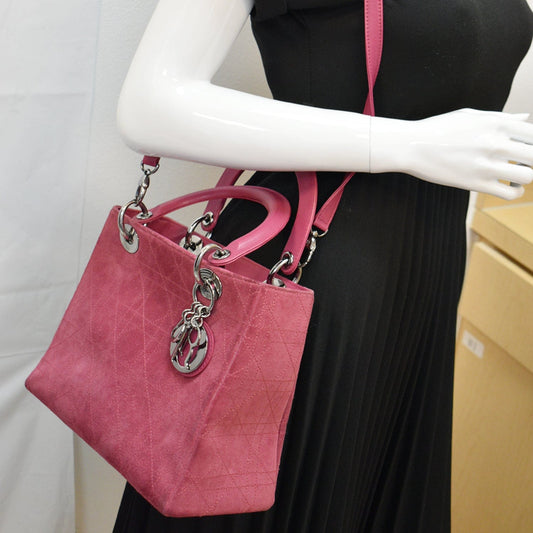 CHRISTIAN DIOR Lady Dior Suede Tote Bag Pink