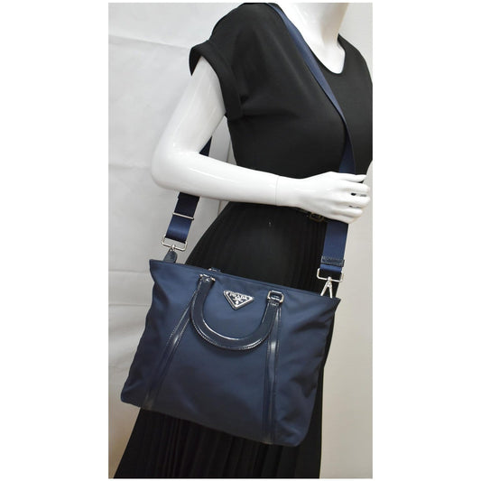 PRADA Nylon Leather Shopping Tote Shoulder Bag Dark Blue