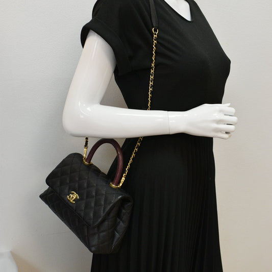 CHANEL Coco Mini Top Lizard Handle Caviar Leather Shoulder Bag Black
