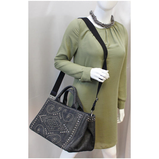PRADA Canapa Jeweled 2way Tote Bag Denim - Last Call