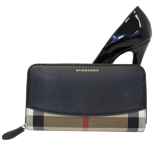 BURBERRY Haymarket Leather Canvas Continental Wallet Balck