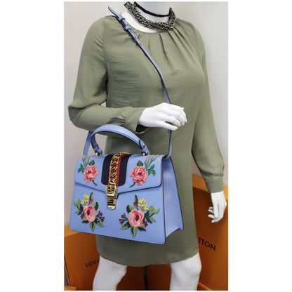 GUCCI Sylvie Embroidered Leather Medium Top Handle Bag Blue 431665