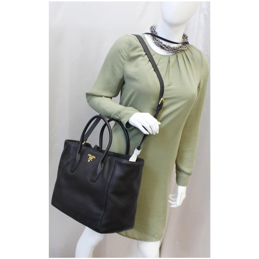 PRADA Vitello Daino Leather Shopping Tote Bag Black