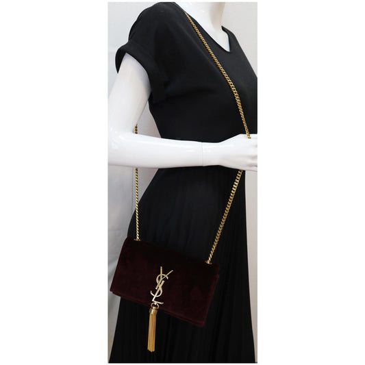 YVES SAINT LAURENT Kate Medium Tassel Velvet Crossbody Bag Burgundy - 10% OFF