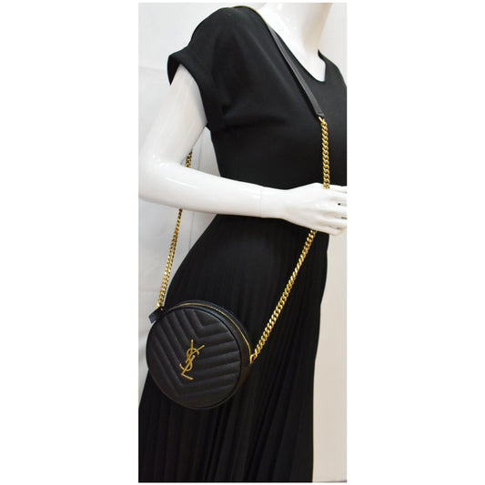 YVES SAINT LAURENT Vinyle Round Chevron Leather Camera Crossbody Bag Black