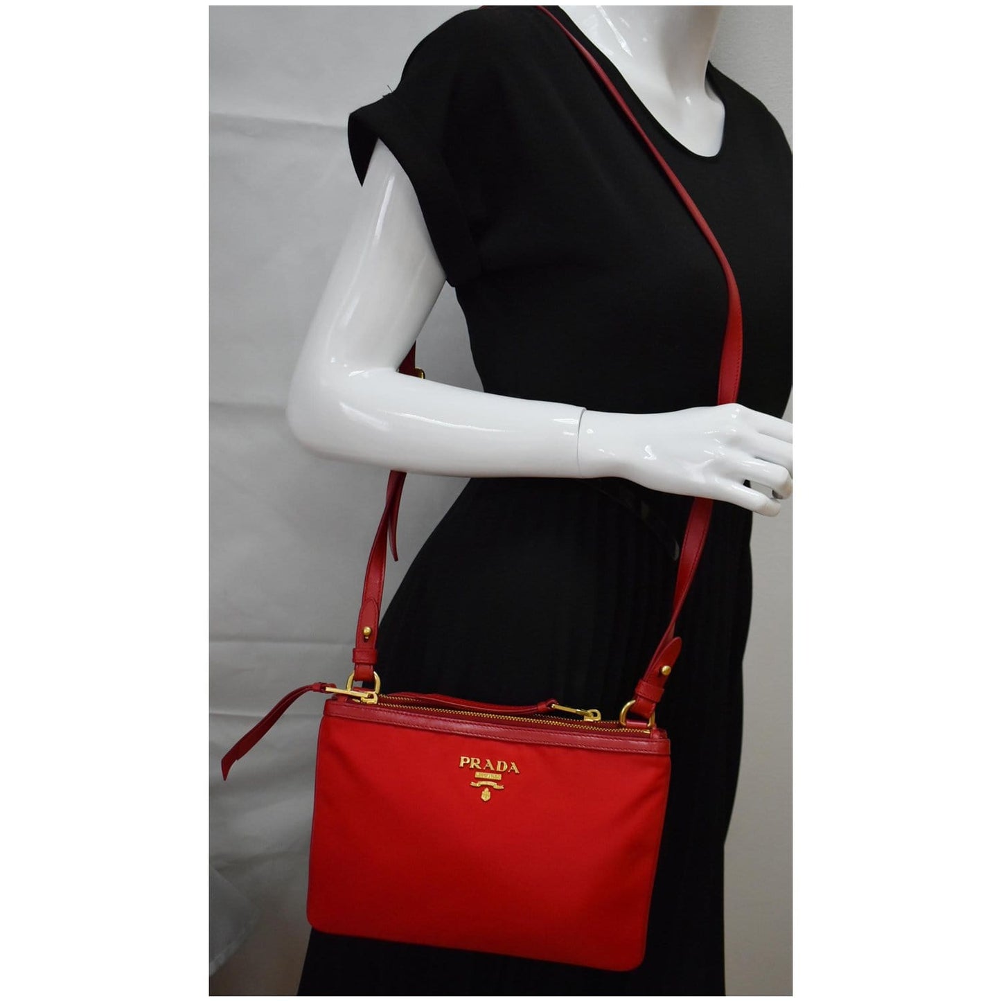 PRADA Tessuto Bandoliera Double Zip Nylon Crossbody Bag Red
