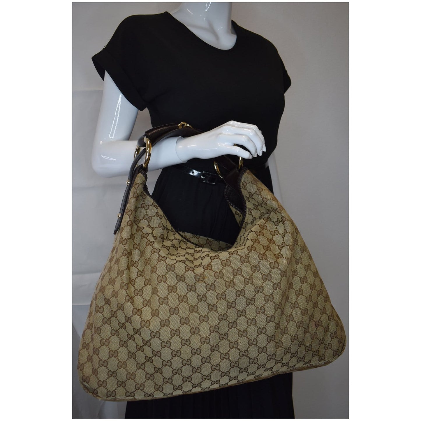 GUCCI Horsebit GG Canvas Large Hobo Bag Beige