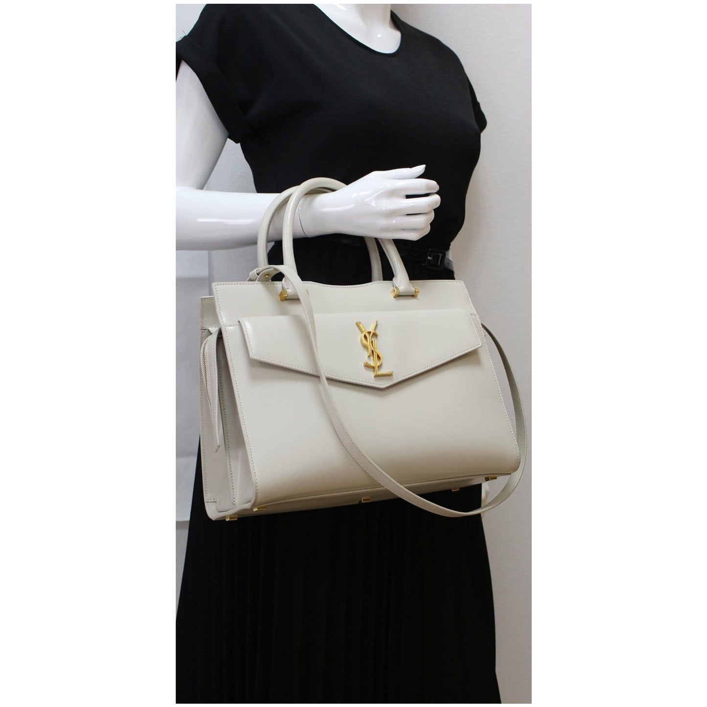 YVES SAINT LAURENT Uptown Medium Leather Tote Bag White