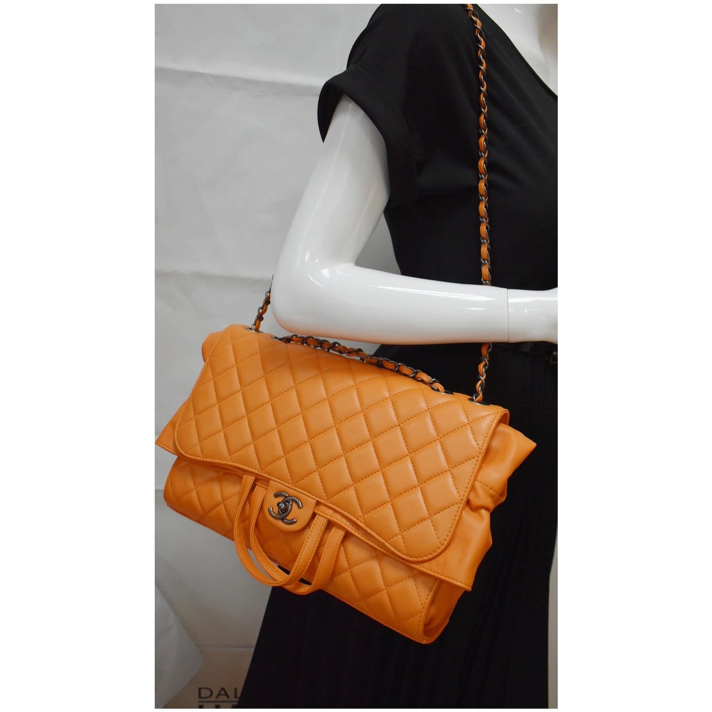CHANEL Classic Flap Drawstring Quilted Lambskin Leather Shopper Shoulder Bag Orange