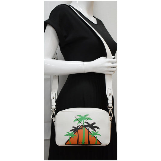 PRADA City Palm Tree Print Calfskin Leather Camera Bag White