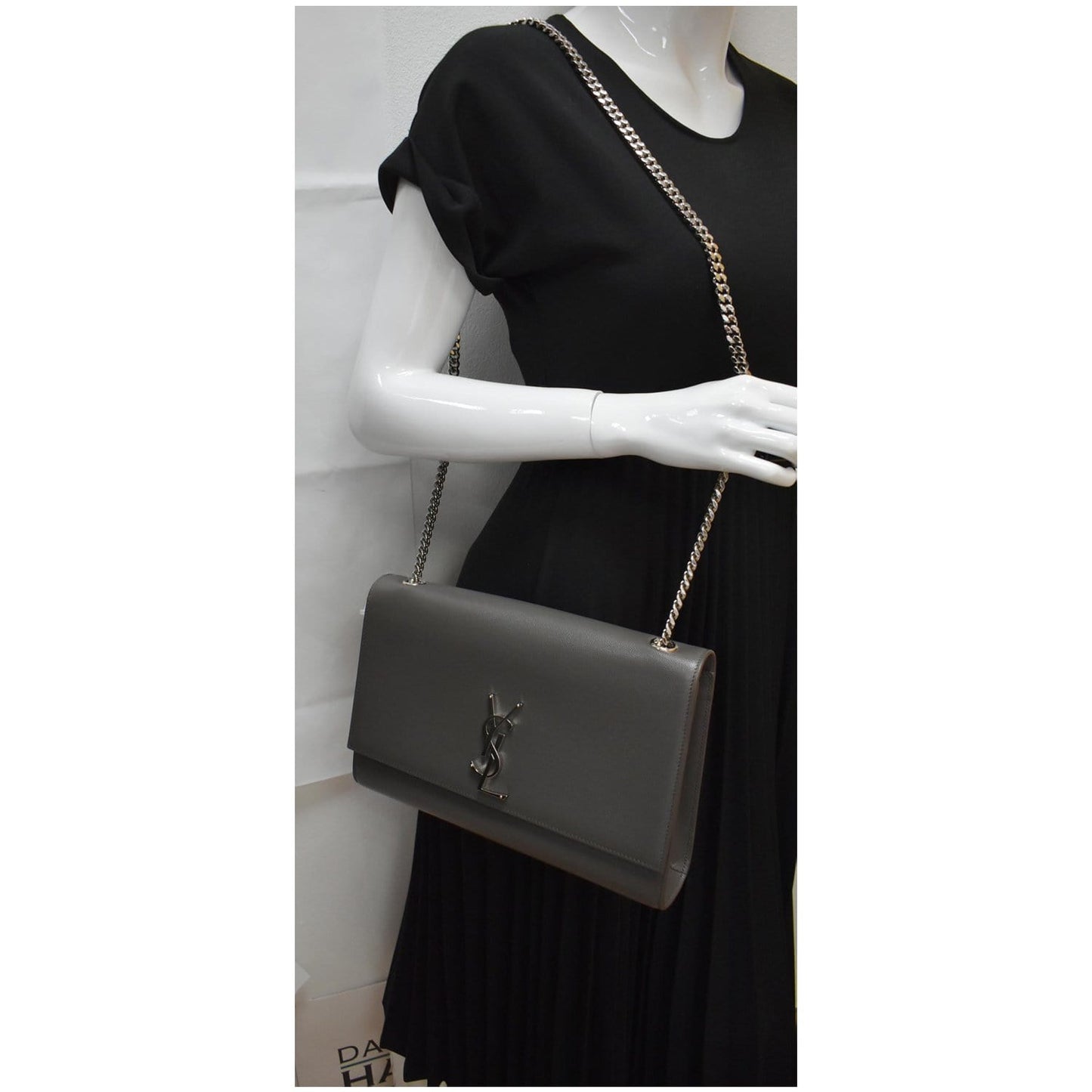 YVES SAINT LAURENT Kate Large Grain De Poudre Leather Shoulder Bag Grey