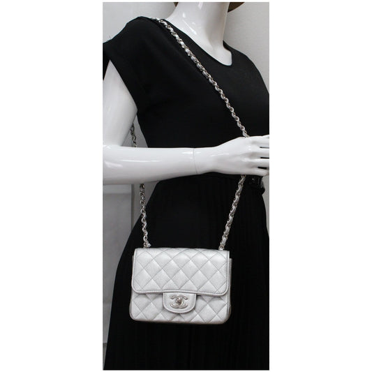 CHANEL Mini Square Flap Quilted Leather Shoulder Bag Metallic Silver