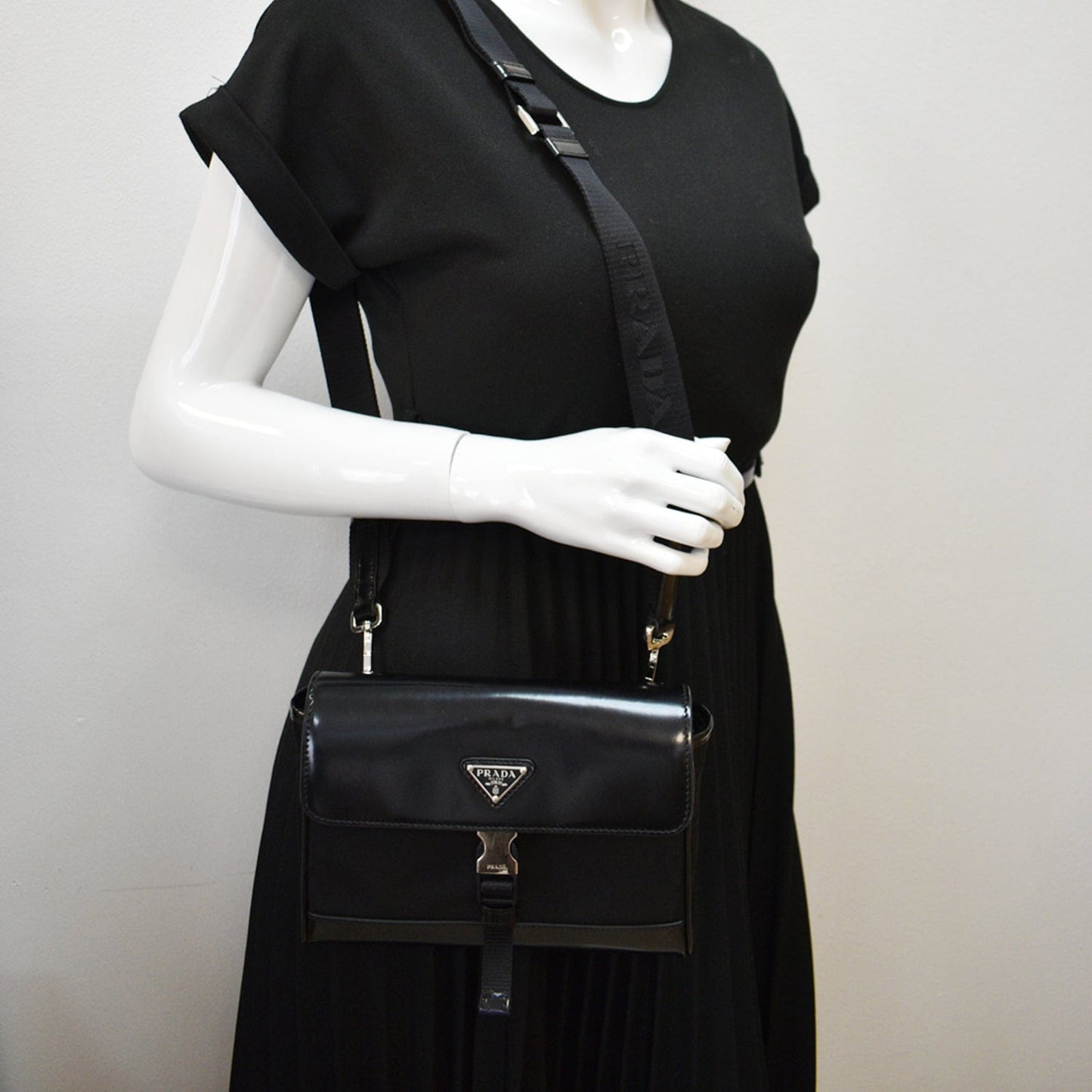 PRADA Re-Nylon Leather Shoulder Bag Black