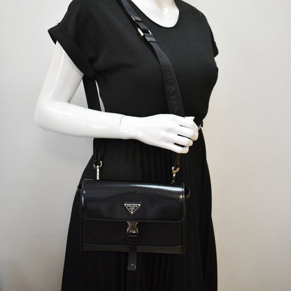 PRADA Re-Nylon Leather Shoulder Bag Black