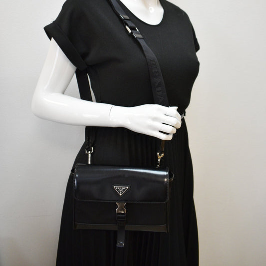 PRADA Re-Nylon Leather Shoulder Bag Black