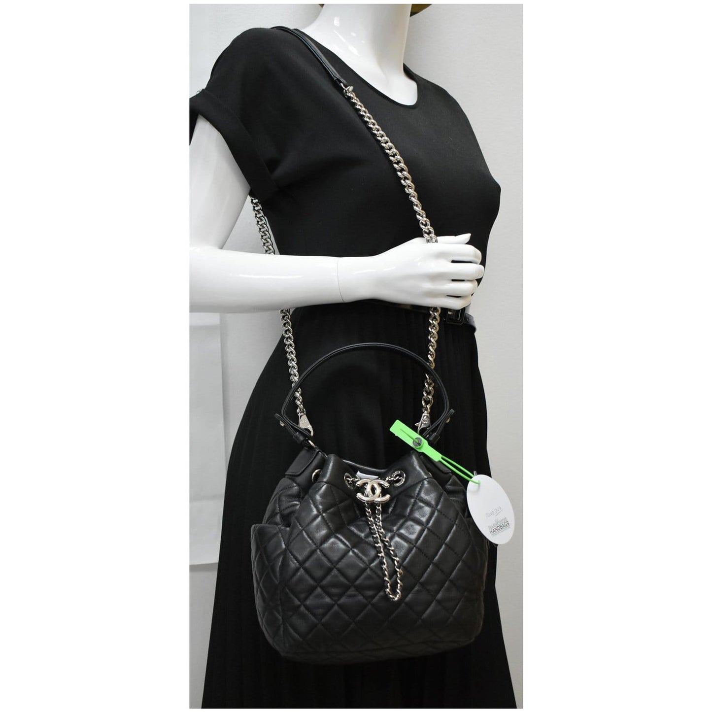 CHANEL Drawstring Bucket Quilted Lambskin Leather Shoulder Bag Black