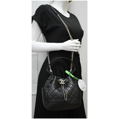 CHANEL Drawstring Bucket Quilted Lambskin Leather Shoulder Bag Black
