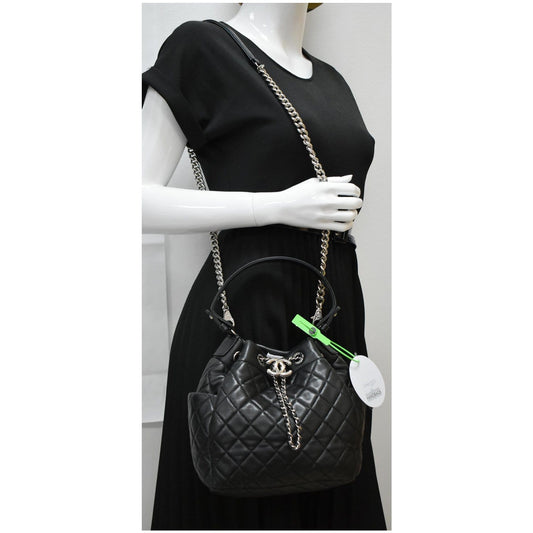 CHANEL Drawstring Bucket Quilted Lambskin Leather Shoulder Bag Black