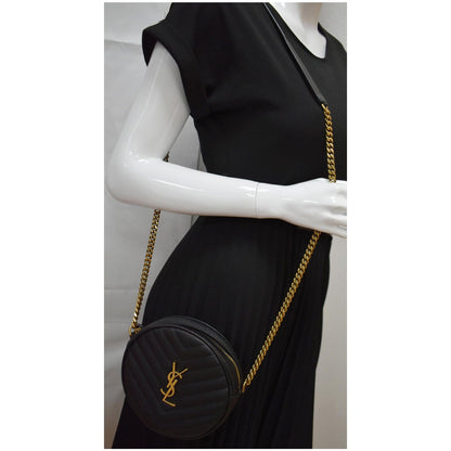 YVES SAINT LAURENT Vinyle Round Chevron Leather Crossbody Bag Black