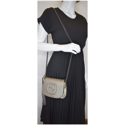 GUCCI GG Soho Tassel Pebbled Leather Shoulder Bag Silver 323190