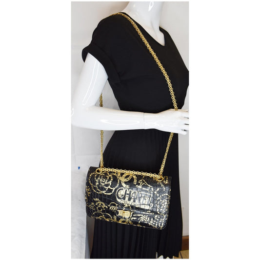 CHANEL Reissue 2.55 Flap Crocodile Embossed Graffiti Shoulder Bag Black