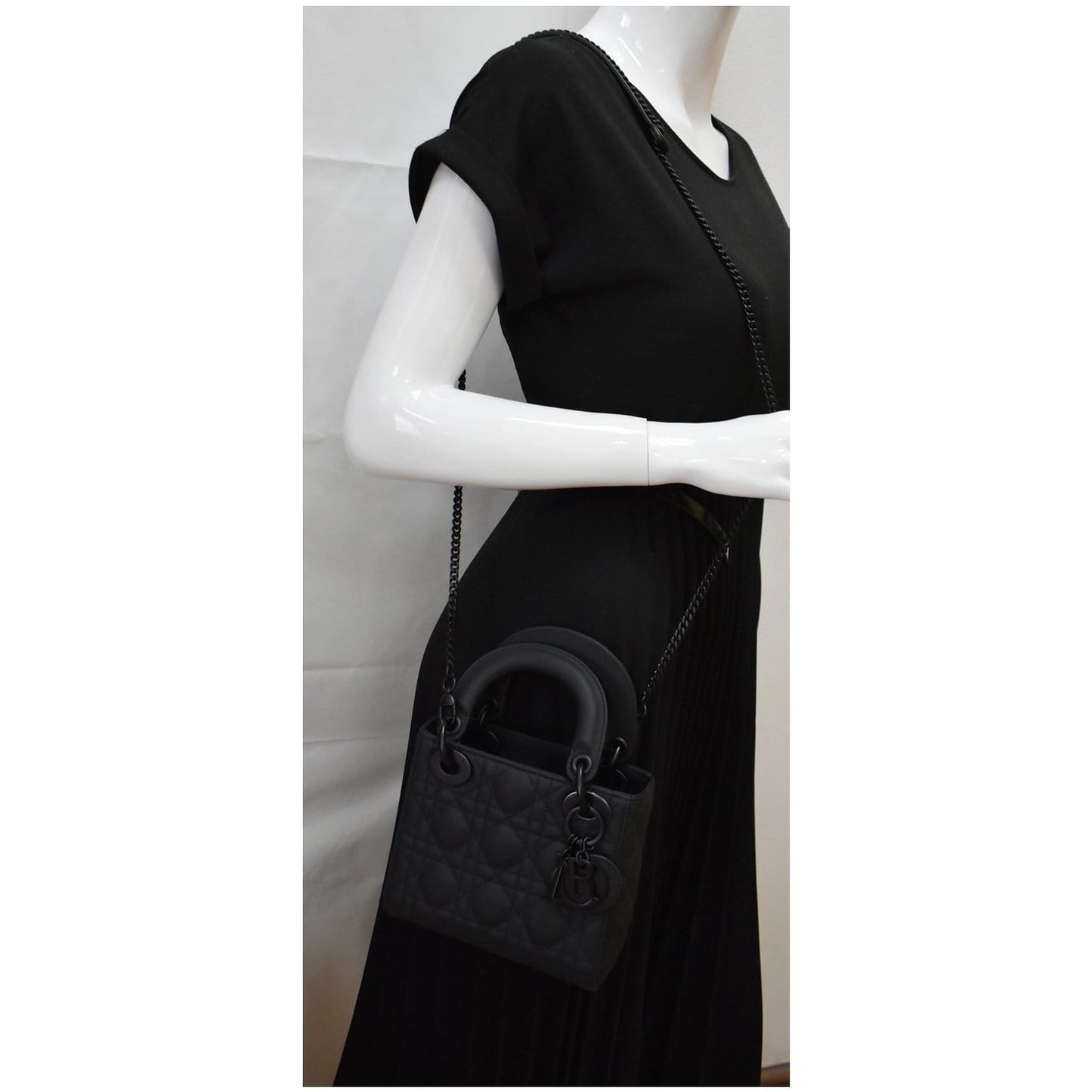 CHRISTIAN DIOR Mini Lady Dior Cannage Calfskin Leather Shoulder Bag Matte Black