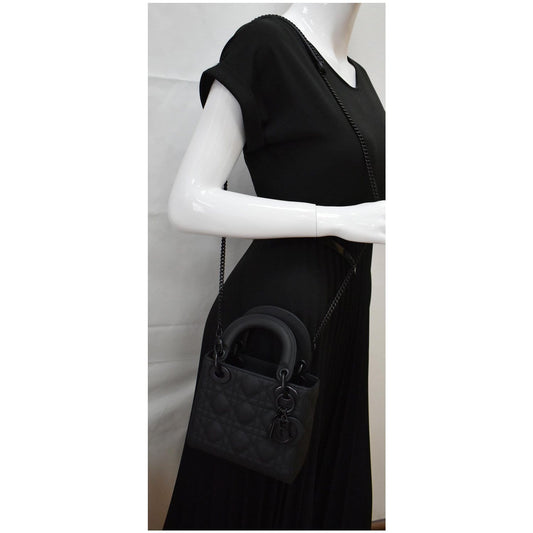 CHRISTIAN DIOR Mini Lady Dior Cannage Calfskin Leather Shoulder Bag Matte Black