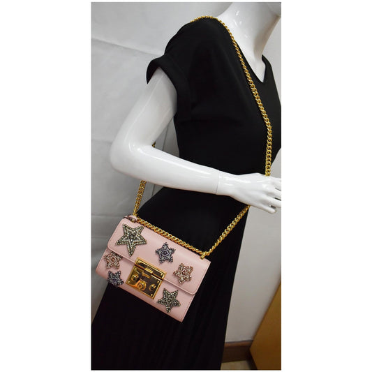 GUCCI Crystal Star Embroidered Padlock Small Shoulder Bag Pink 432182