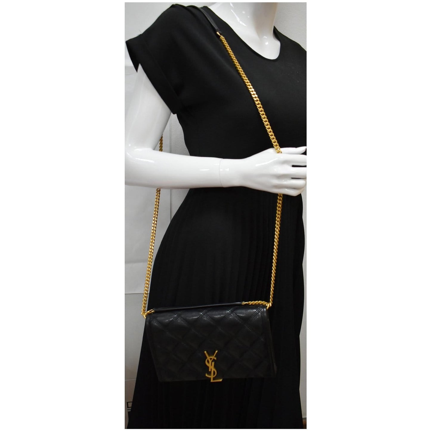 YVES SAINT LAURENT Becky Quilted Leather Crossbody Chain Wallet Black