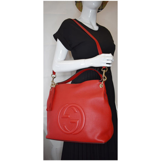 GUCCI Soho Large Pebbled Leather Hobo Shoulder Bag Red 536194