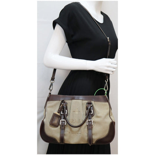 PRADA Jacquard Logo Canvas Leather Tote Shoulder Bag Beige