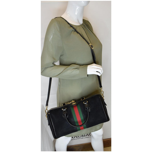 GUCCI Ophidia GG Suede Web Top Handle Shoulder Bag Black 524532