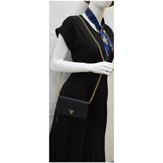 PRADA Mini Saffiano Leather Chain Shoulder Bag Black