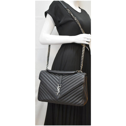 YVES SAINT LAURENT College Medium Flap Matelassé Leather Shoulder Bag Black