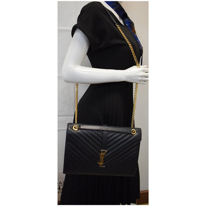 YVES SAINT LAURENT Large Envelope Grain De Poudre Chain Shoulder Bag Black
