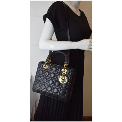 CHRISTIAN DIOR Medium Lady Dior Lambskin Shoulder Bag Black
