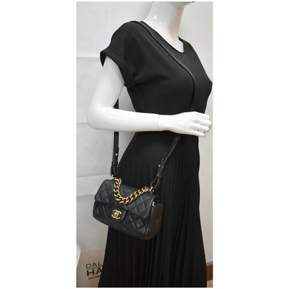 CHANEL Mini Trapezio Flap Quilted Sheepskin Leather Crossbody Bag Black