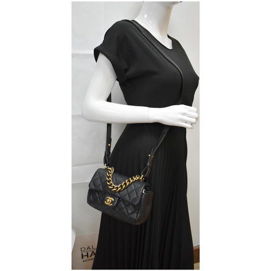 CHANEL Mini Trapezio Flap Quilted Sheepskin Leather Crossbody Bag Black
