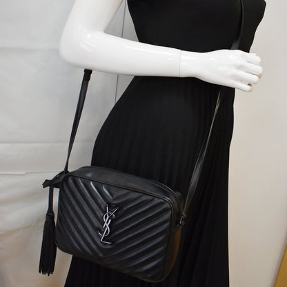 YVES SAINT LAURENT Lou Chevron Leather Camera Crossbody Bag Black