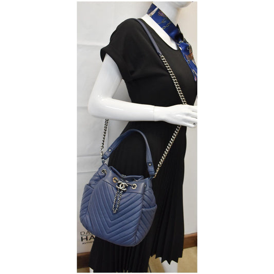 CHANEL Chevron Small CC Chain Bucket Deerskin Drawstring Shoulder Bag Blue