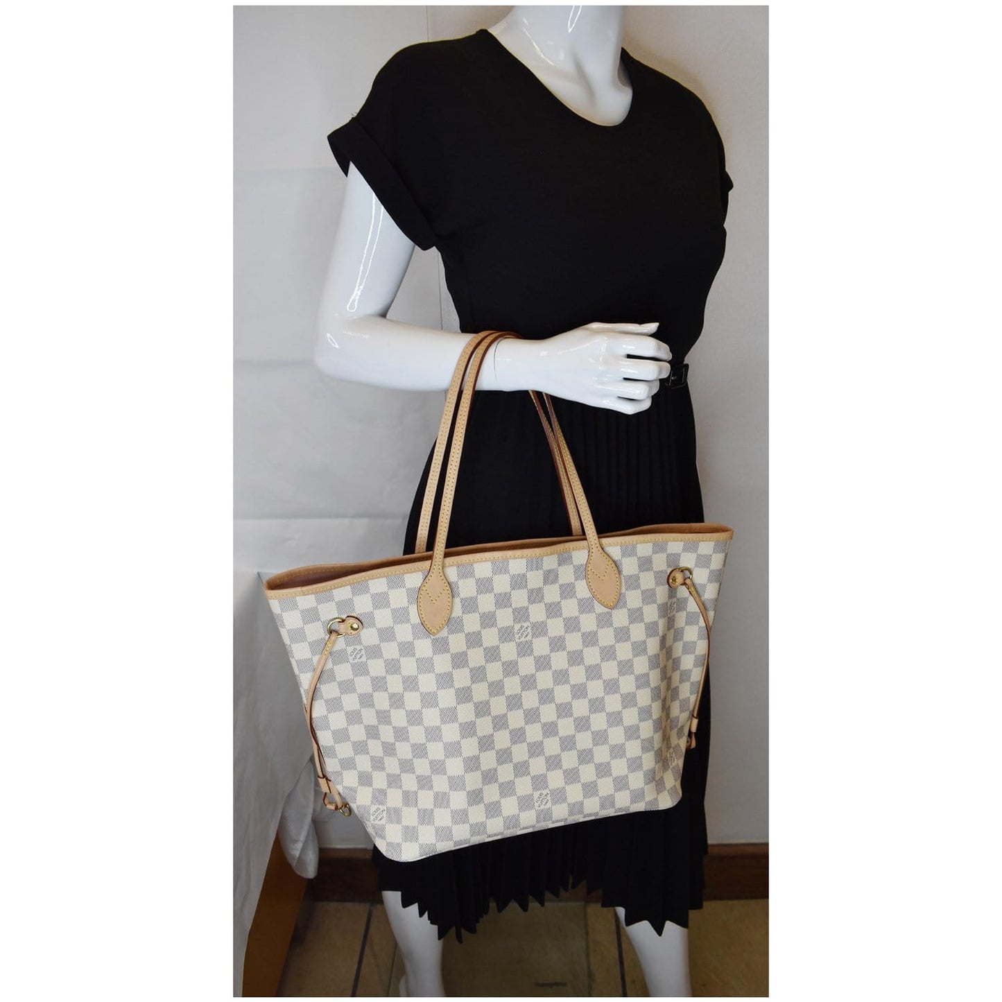 LOUIS VUITTON Neverfull MM Damier Azur Tote Shoulder Bag Rose Ballerine