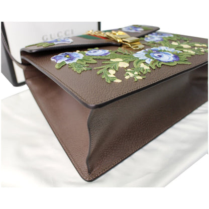 GUCCI Sylvie Embroidered Leather Medium Top Handle Bag Brown 431665