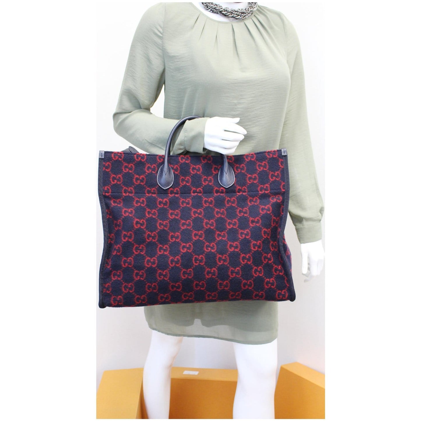 GUCCI GG Wool Tote Shoulder Bag Blue/Red 598169