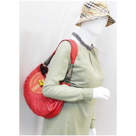 CHRISTIAN DIOR Plisse Pleated Leather Hobo Bag Red