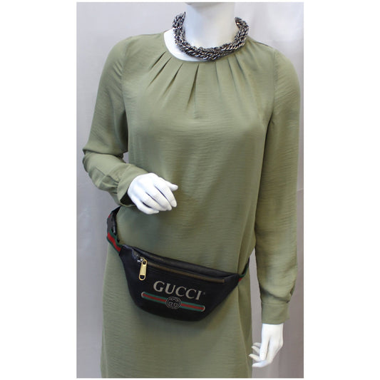 GUCCI Print Leather Black Belt Waist Bum Bag Small 527792