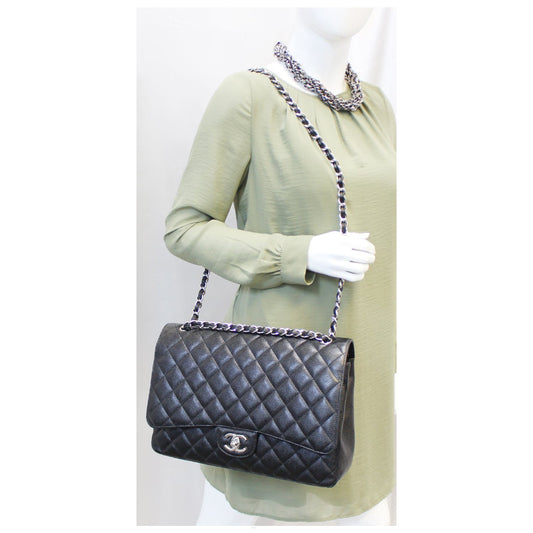 CHANEL Maxi Caviar Leather Jumbo Double Flap Shoulder Bag Black